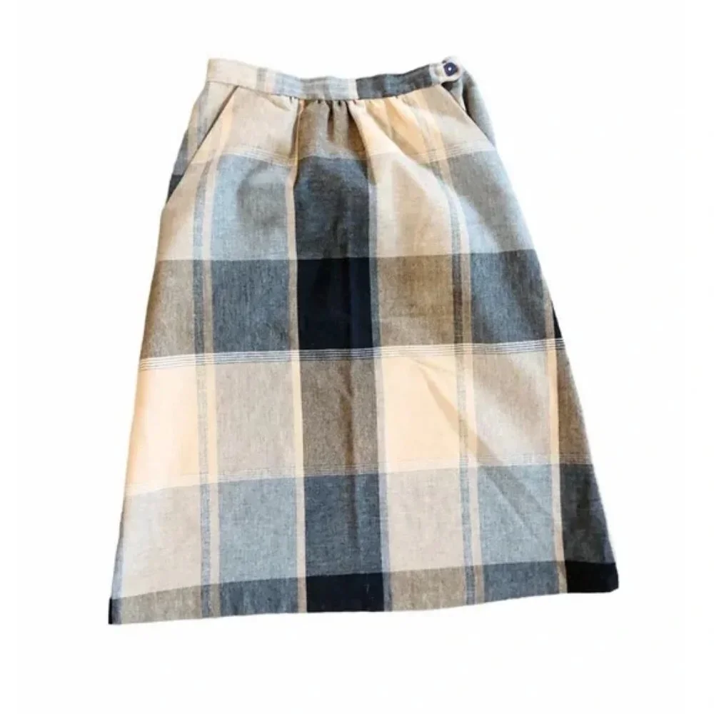 Vintage Academia Hand Made Plaid Knee Length Skirt Small
